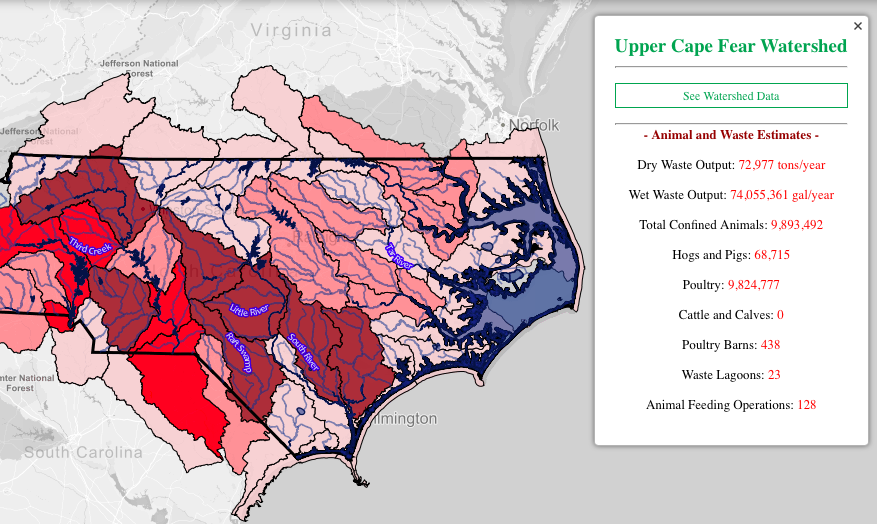 EWG and Waterkeepers have created a series of interactive maps, the first of their kind, to enable citizens, lawmakers and policymakers to visualize and interpret the state’s swine, poultry and cattle operations by zooming in on selected areas. 